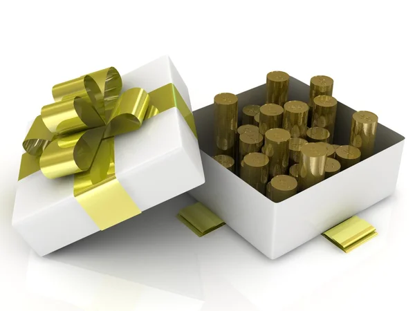 Подарункова коробка на білому тлі з золотими монетами. 3d ілюстрація . — стокове фото