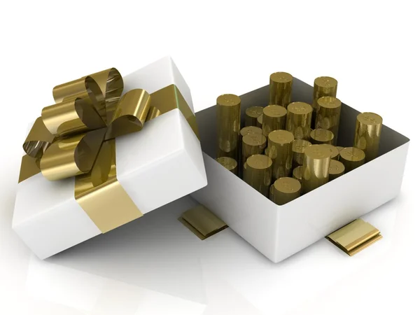Caixa de presente sobre fundo branco com moedas de ouro. ilustração 3d . — Fotografia de Stock