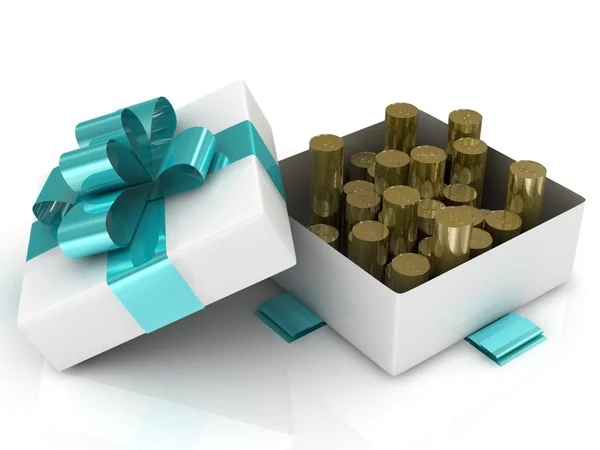 Geschenkbox auf weißem Hintergrund mit Goldmünzen. 3D-Illustration. — Stockfoto