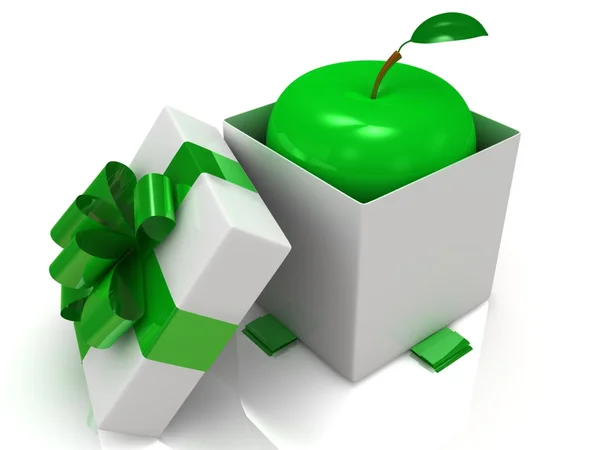 Подарочная коробка на белом фоне с яблоком. 3d иллюстрация . — стоковое фото