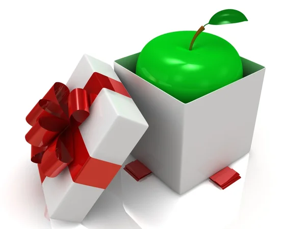 Caja de regalo sobre fondo blanco con manzana. ilustración 3d . —  Fotos de Stock