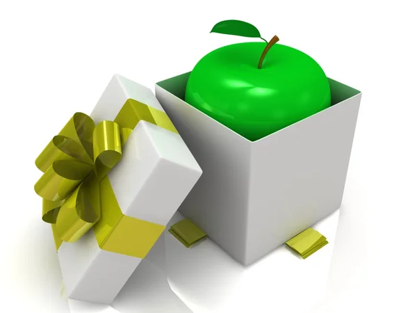 Caja de regalo sobre fondo blanco con manzana. ilustración 3d . — Foto de Stock