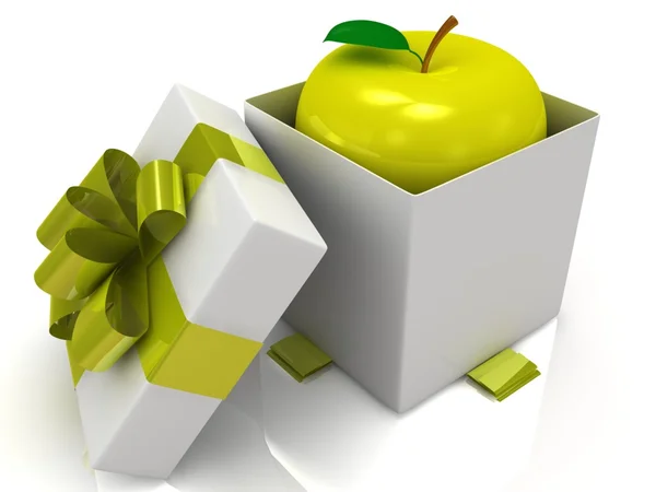 Подарочная коробка на белом фоне с яблоком. 3d иллюстрация . — стоковое фото