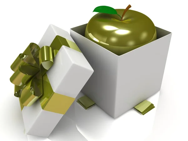 Caja de regalo sobre fondo blanco con manzana dorada. ilustración 3d . —  Fotos de Stock