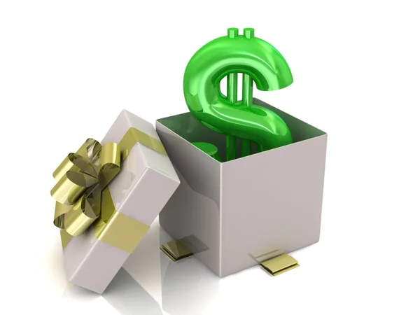 De doos van de gift op witte achtergrond met dollarteken. 3D illustratie. — Stockfoto