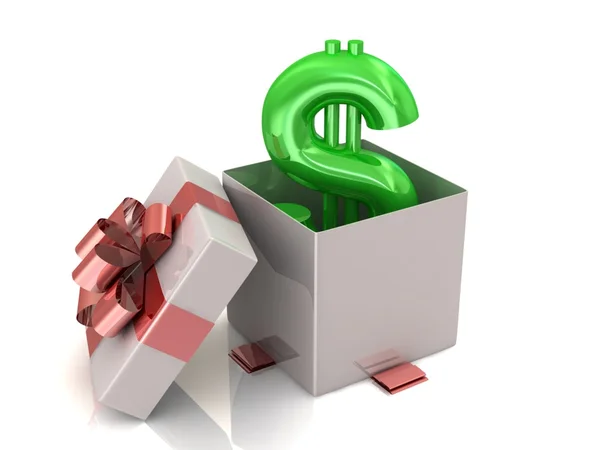 Caja de regalo sobre fondo blanco con signo de dólar. ilustración 3d . — Foto de Stock