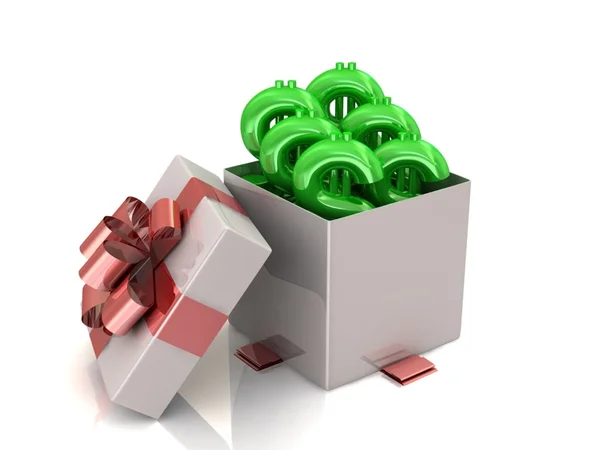 Gift box over white background with dollar sign. 3d illustration. — Stock Photo, Image