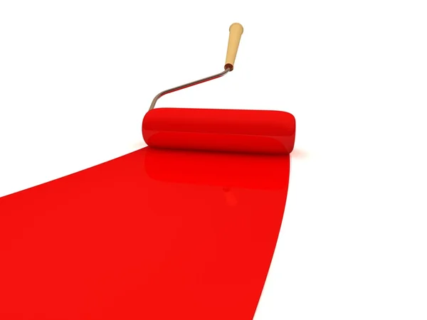 Rodillo de pintura y franja de pintura roja. ilustración 3d — Foto de Stock