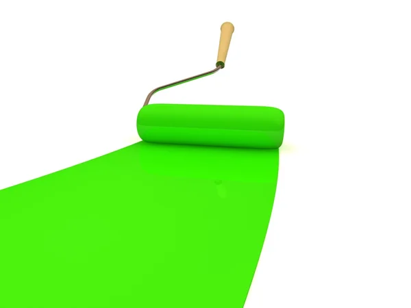 Malířský váleček a zelená barva proužku. 3D obrázek — Stock fotografie
