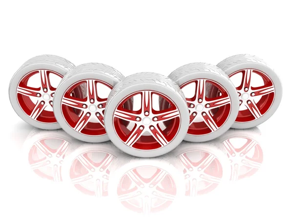 5 red and white wheels — Stock Photo, Image