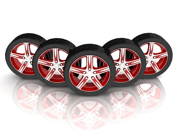 5 rodas vermelhas e pretas — Fotografia de Stock