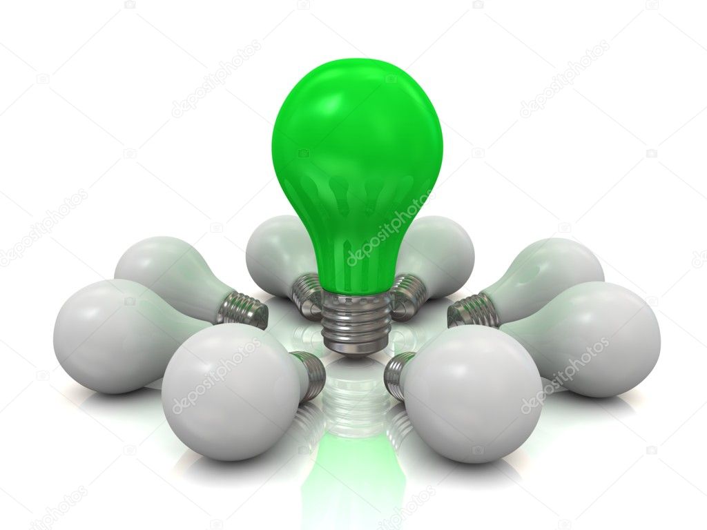 One lit light bulb. Concept of unique.