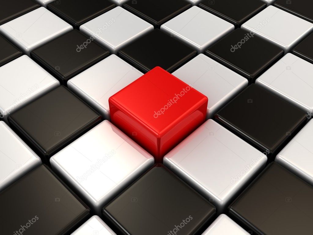 Red cube. Chess background. Concept of Unique.