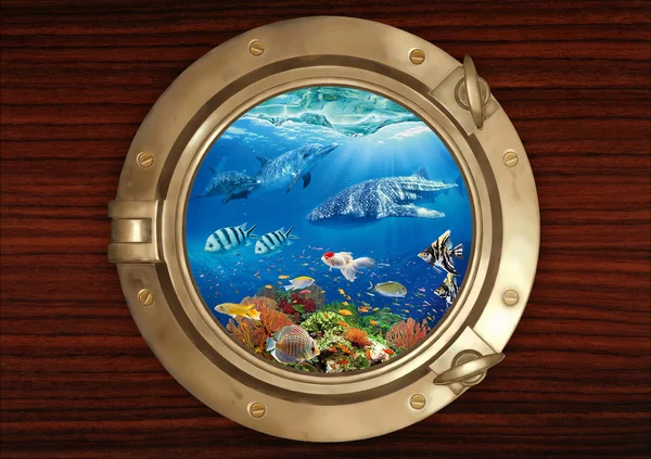 Underwater view through the porthole — Stock Photo, Image