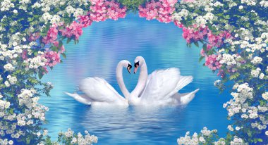 Swans framed with blooming flowers clipart