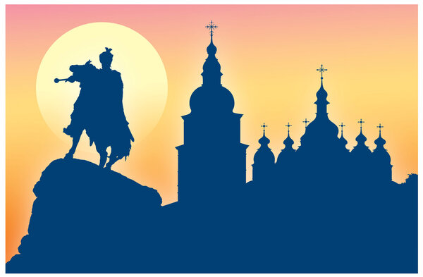 Silhouette of St Sophia Cathedral and monument to Khmelnitsky