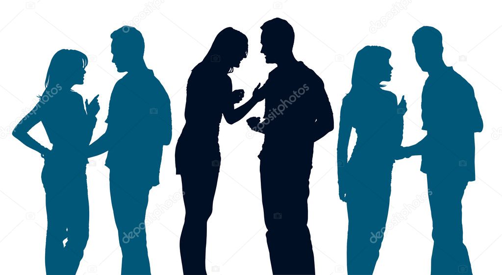 Silhouettes of a couple of young women and men