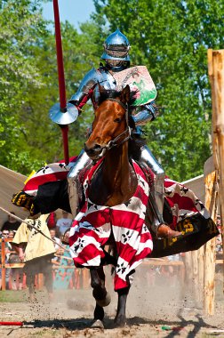 Medieval knights on horseback in combat clipart