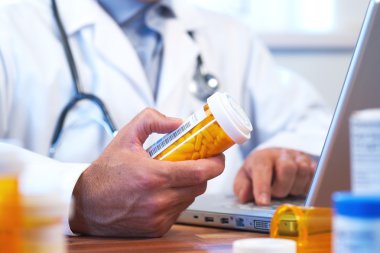 Doctor preparing online internet prescription clipart