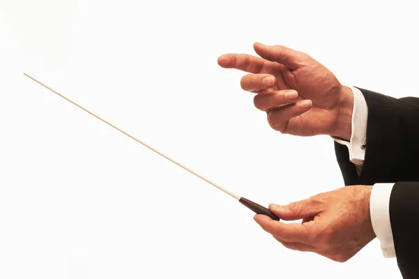 Mãos de maestro de música com bastão isolado no fundo branco — Fotografia de Stock