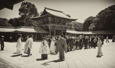 Celebration of a traditional Japanese wedding. Style vintage clipart