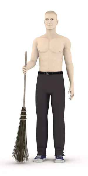 3D renderowania sztuczna mężczyzna z miotła — Zdjęcie stockowe
