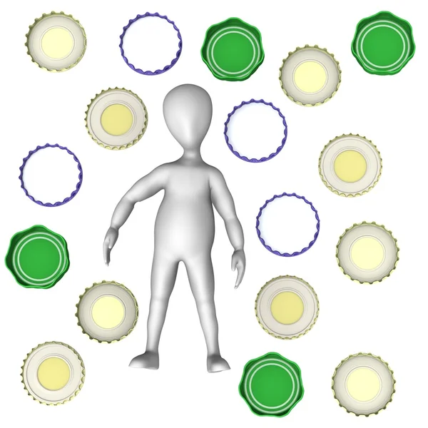 3d render of cartoon character with bottle lids — Stock Photo, Image