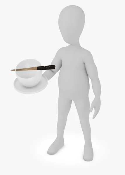 Çizgi film karakteri kase ve yemek çubukları ile 3D render — Stok fotoğraf