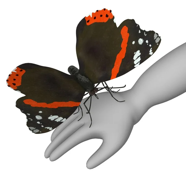 3D render van stripfiguur met vlinder — Stockfoto