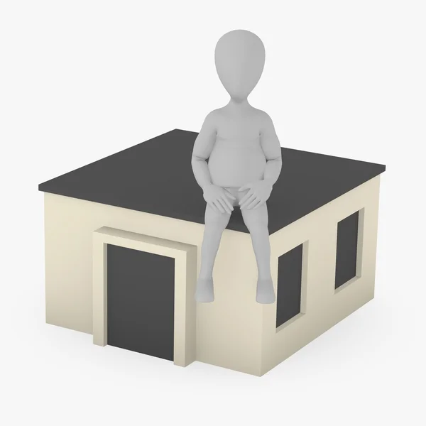 3D καθιστούν χαρακτήρα κινουμένων σχεδίων με σπίτι — Φωτογραφία Αρχείου
