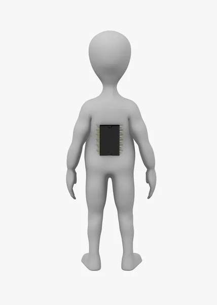 3D render bilgisayar çipi ile çizgi film karakteri — Stok fotoğraf
