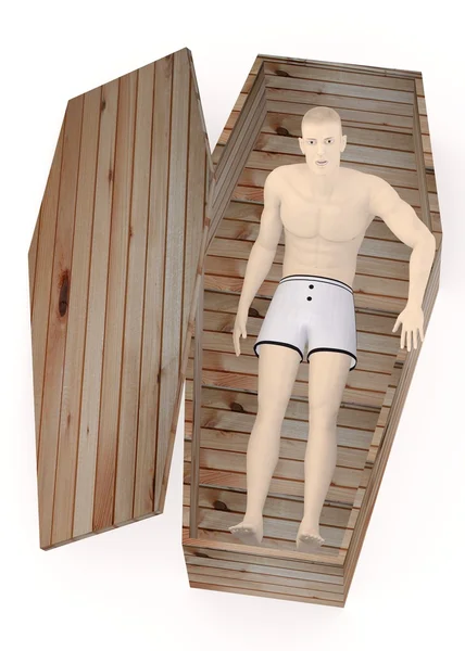 3d renderização de caráter artificial no caixão — Fotografia de Stock