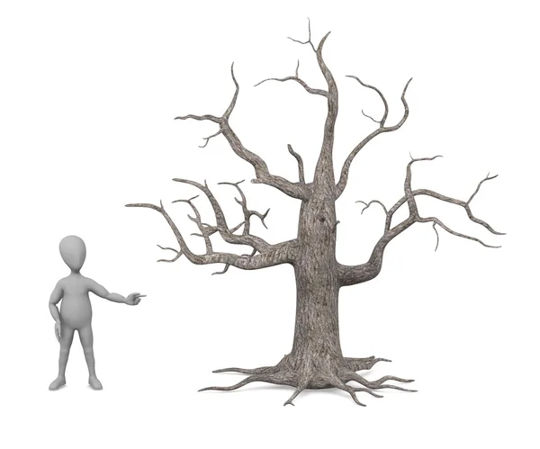 3D визуализация персонажа мультфильма с мертвым деревом — стоковое фото