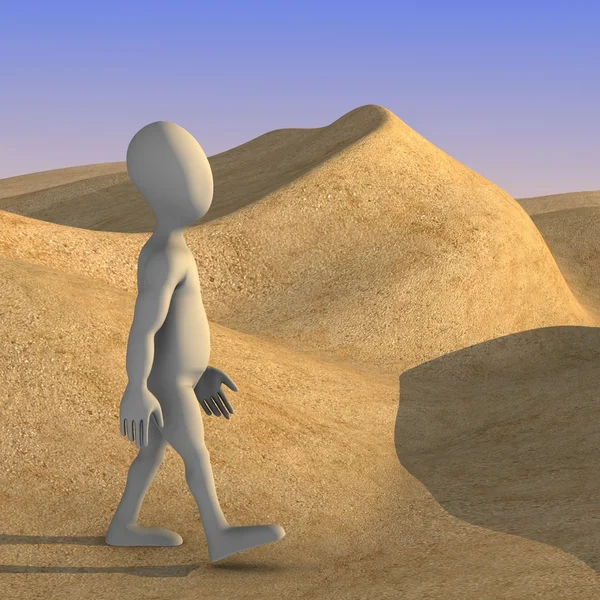3D καθιστούν χαρακτήρα κινουμένων σχεδίων στην άμμο της ερήμου — Φωτογραφία Αρχείου