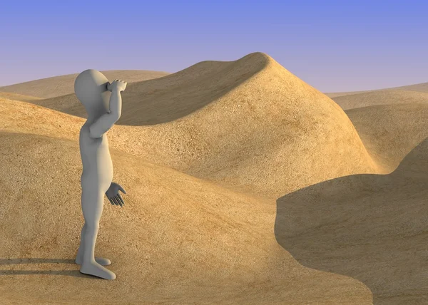 A homok sivatagban a rajzfilmfigura 3D render — Stock Fotó