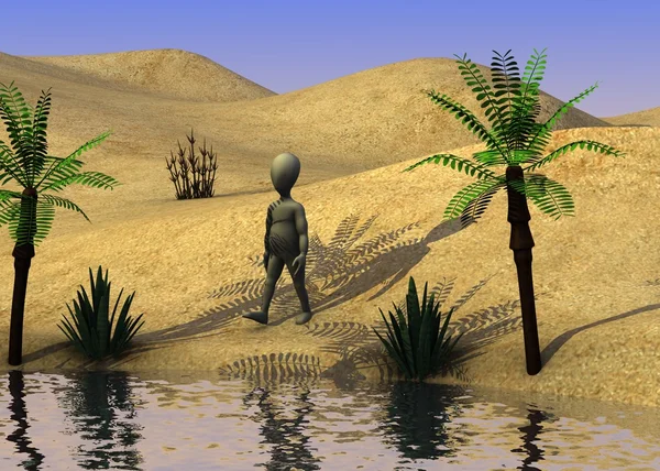 3d render of cartoon character on sand desert — Stock Photo, Image