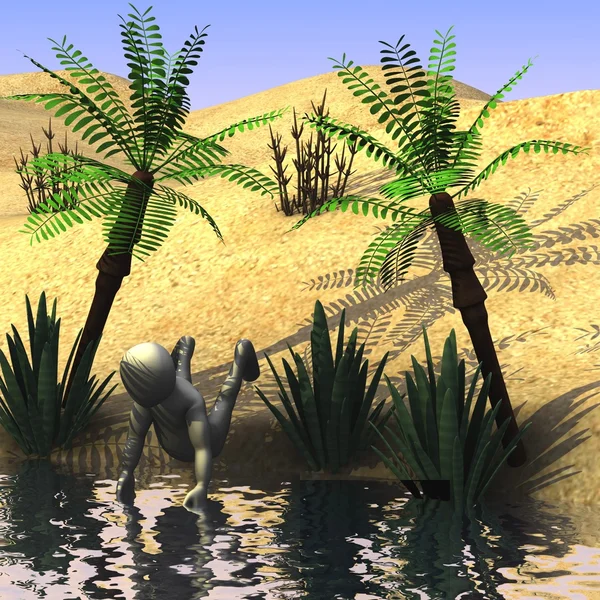 3D καθιστούν χαρακτήρα κινουμένων σχεδίων στην άμμο της ερήμου — Φωτογραφία Αρχείου