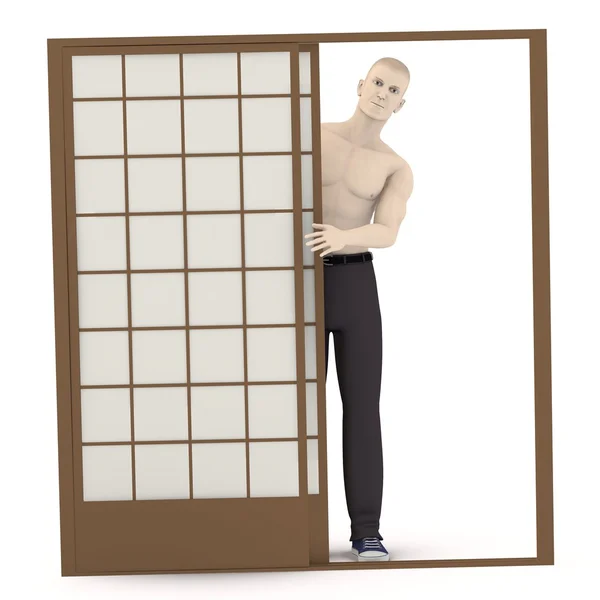 Kapının arkasında suni karakterin 3D render — Stok fotoğraf
