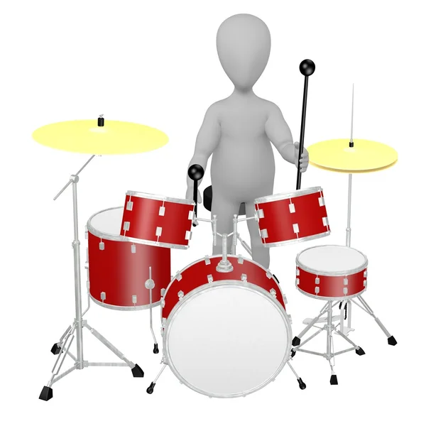 3D визуализация персонажа мультфильма с барабанным набором — стоковое фото