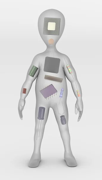 3D-Darstellung der Zeichentrickfigur mit elektronischen Teilen im Inneren — Stockfoto