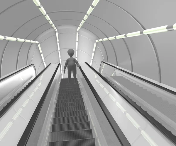 3D визуализация персонажа мультфильма на эскалаторе — стоковое фото