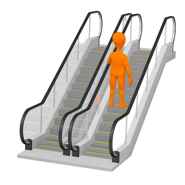 Çizgi film karakteri yürüyen merdiven üzerinde 3D render — Stok fotoğraf
