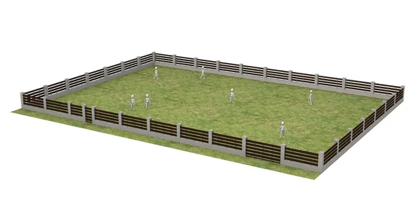 3D визуализация персонажей мультфильмов в саду с забором — стоковое фото