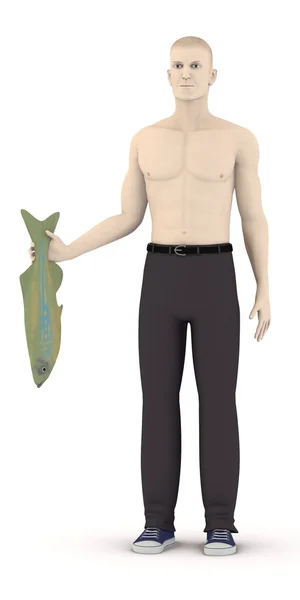 3d render of artificial character with fish — Stock Photo, Image