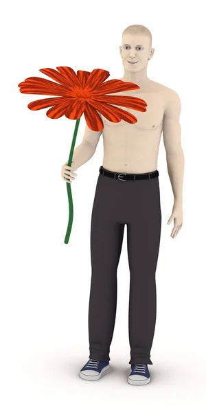 3d render of artificial character with big flower — Stock Photo, Image