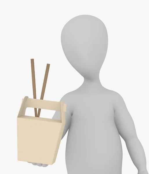 Çizgi film karakteri foodbox ve yemek çubukları ile 3D render — Stok fotoğraf