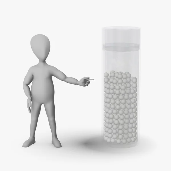 3D καθιστούν χαρακτήρα κινουμένων σχεδίων με ομοιοπαθητικά φάρμακα φιάλη — Φωτογραφία Αρχείου
