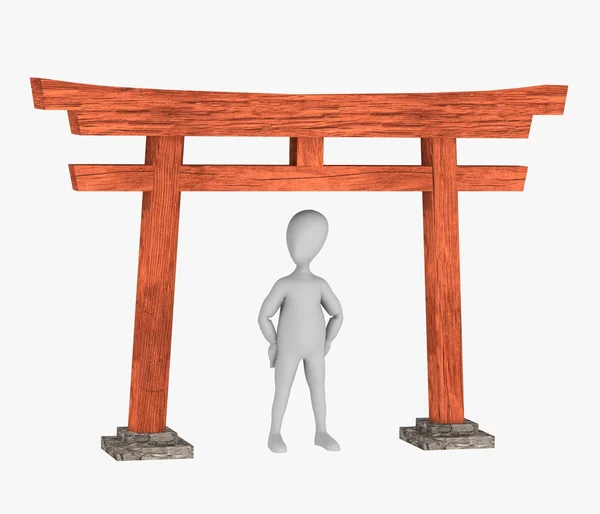3D визуализация персонажа мультфильма с японскими воротами — стоковое фото
