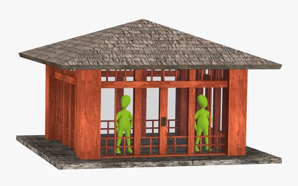 3d render ของตัวละครการ์ตูนกับบ้านญี่ปุ่น — ภาพถ่ายสต็อก