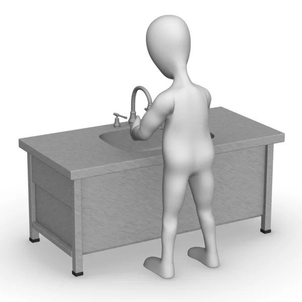3D визуализация персонажа мультфильма с кухонной мебелью — стоковое фото
